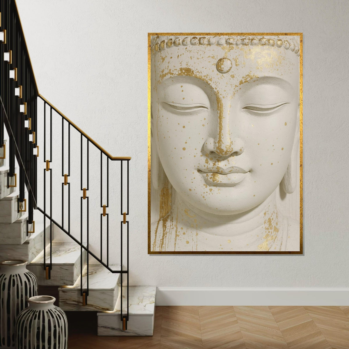 Serene Buddha Canvas, Gold Accents Buddha Wall Art, Spiritual Decor, Peaceful Meditation Canvas, Wall Art Design, Ready To Hang Deco