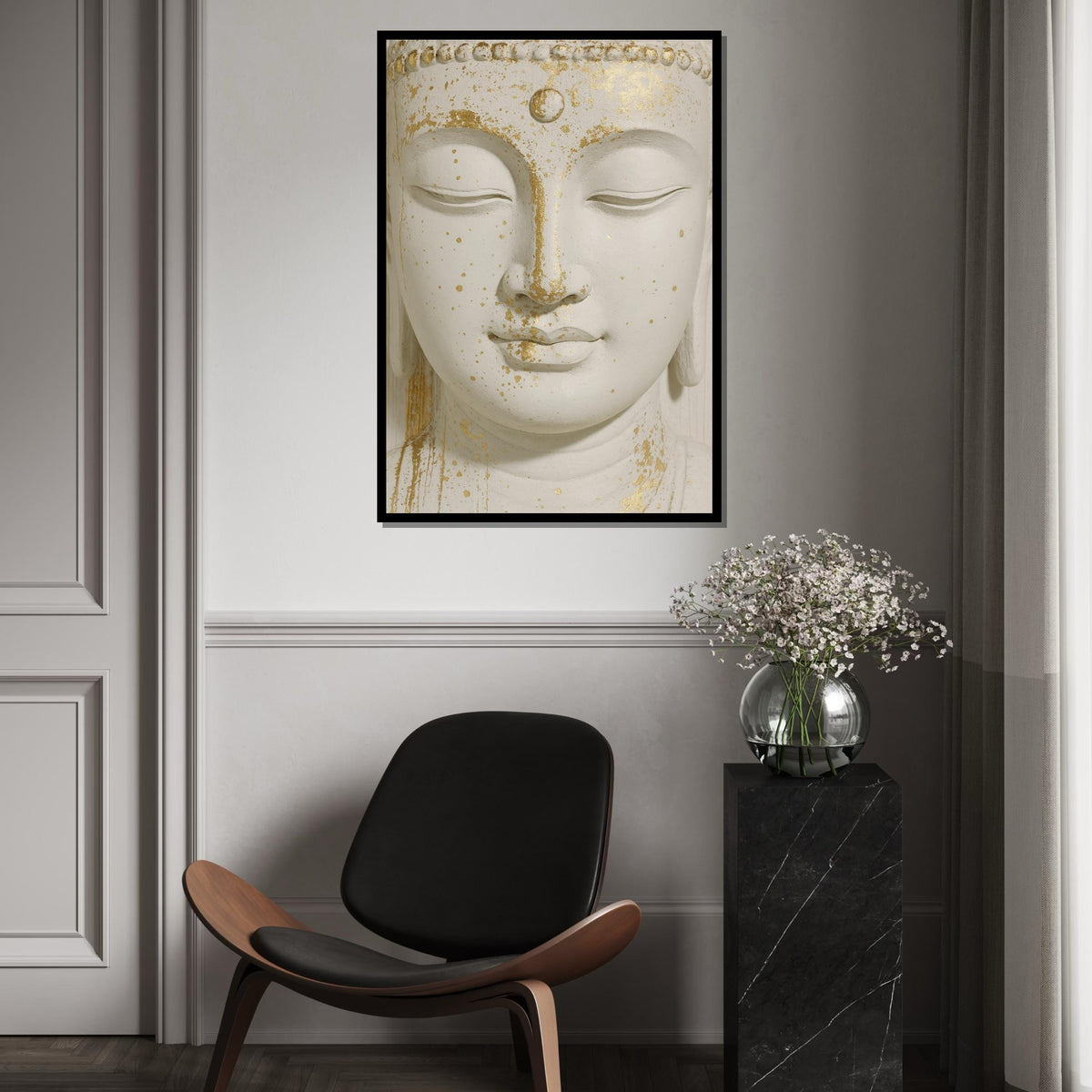 Serene Buddha Canvas, Gold Accents Buddha Wall Art, Spiritual Decor, Peaceful Meditation Canvas, Wall Art Design, Ready To Hang Deco