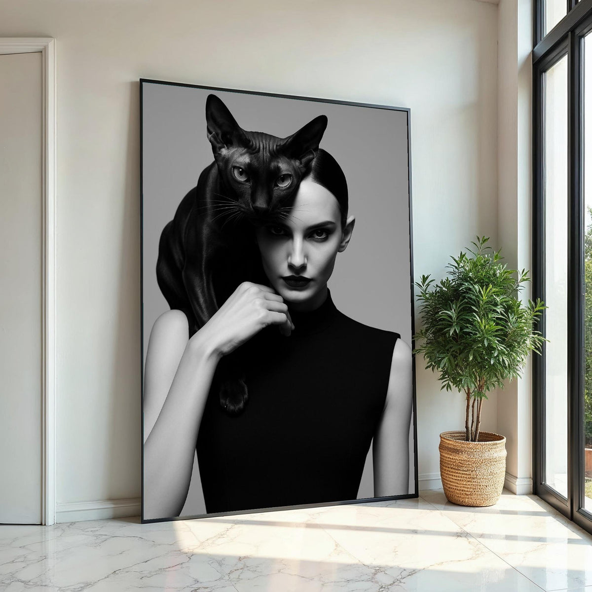 Elegant Cat Woman Canvas, Black Cat Art, Stylish Portrait, Wall Art Canvas Design, Ready To Hang Decoration