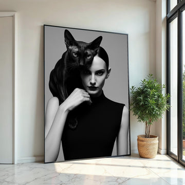 Elegant Cat Woman Canvas, Black Cat Art, Stylish Portrait, Wall Art Canvas Design, Ready To Hang Decoration