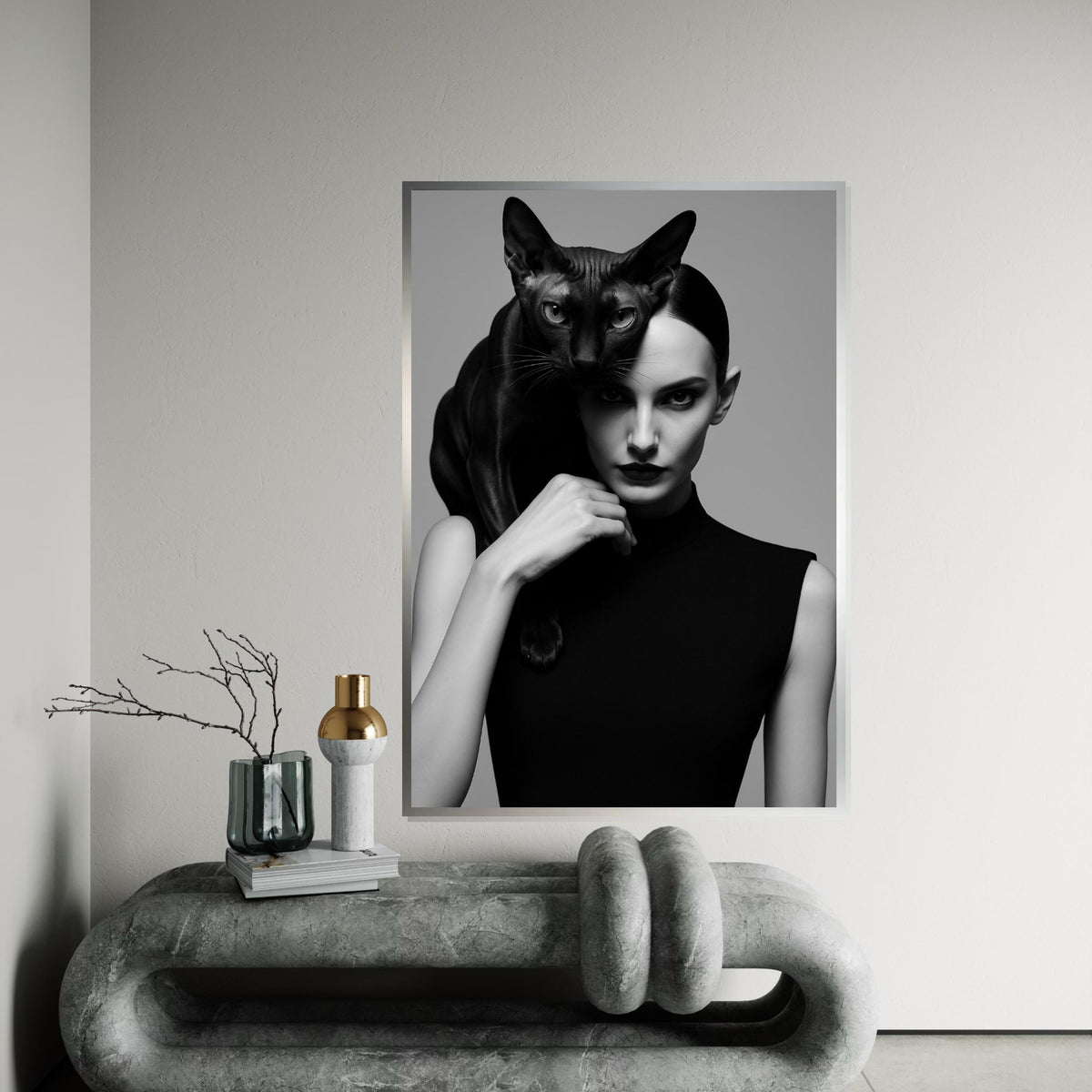 Elegant Cat Woman Canvas, Black Cat Art, Stylish Portrait, Wall Art Canvas Design, Ready To Hang Decoration