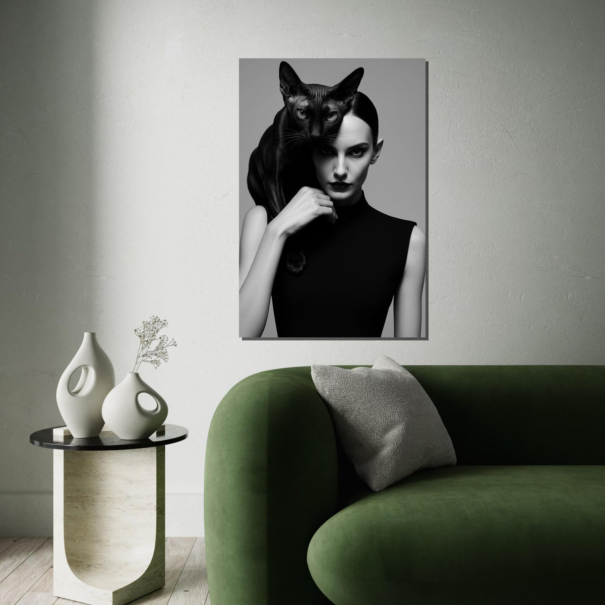 Elegant Cat Woman Canvas, Black Cat Art, Stylish Portrait, Wall Art Canvas Design, Ready To Hang Decoration