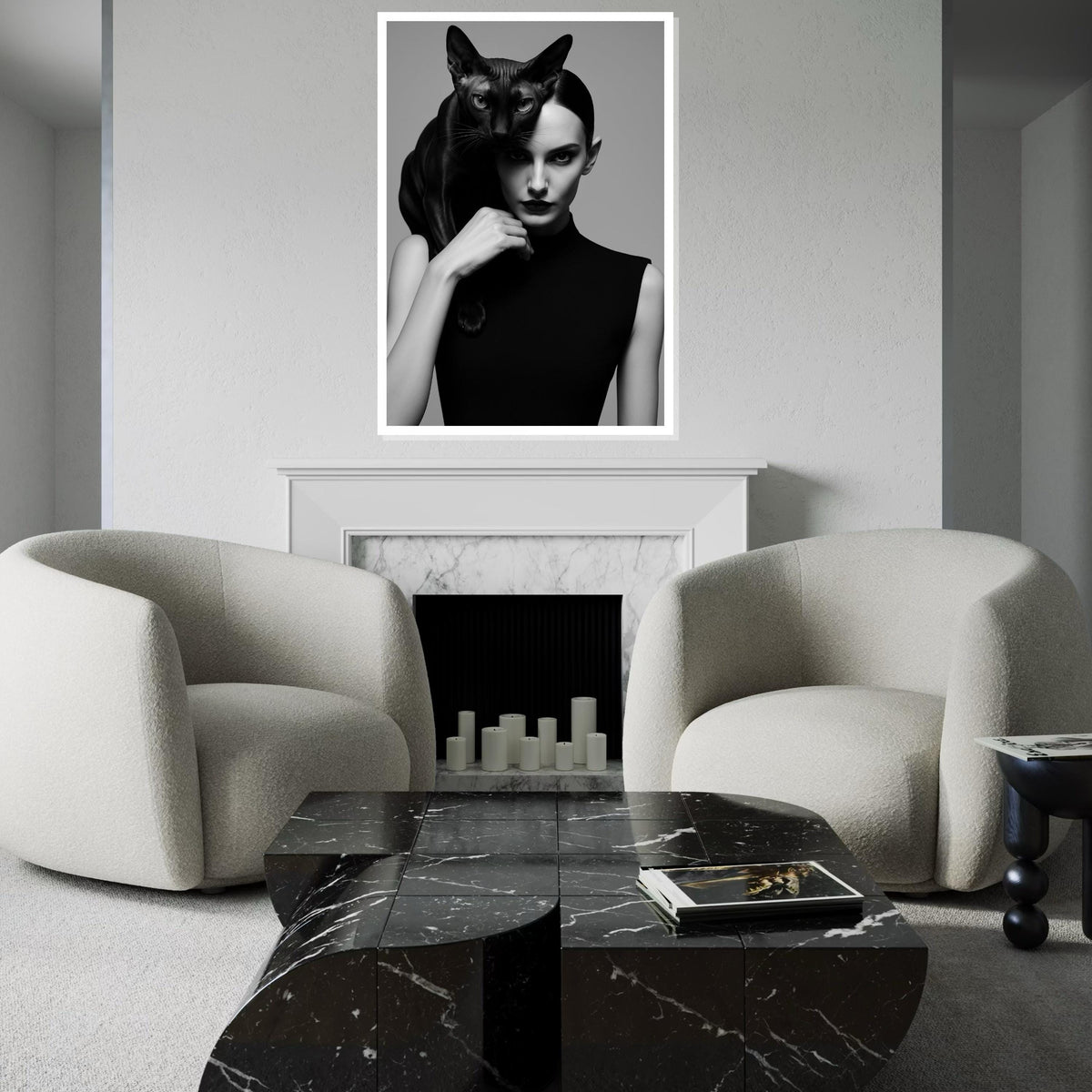 Elegant Cat Woman Canvas, Black Cat Art, Stylish Portrait, Wall Art Canvas Design, Ready To Hang Decoration