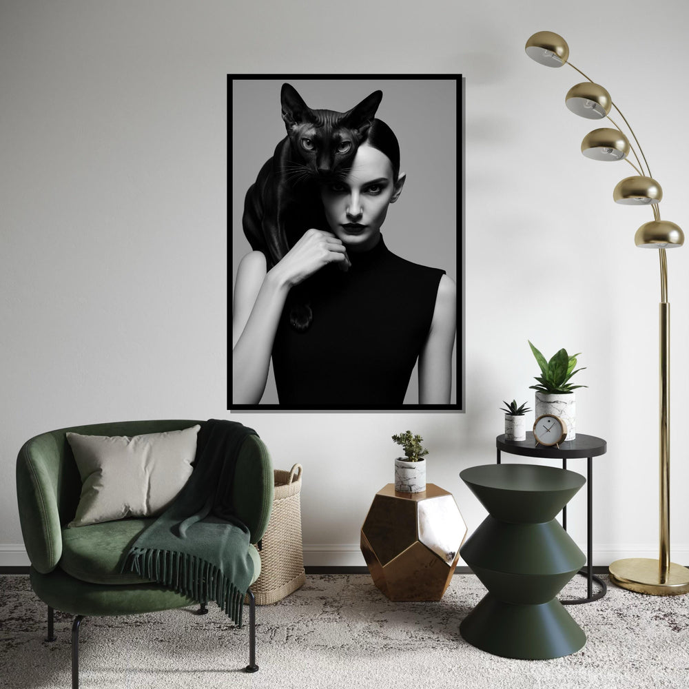 Elegant Cat Woman Canvas, Black Cat Art, Stylish Portrait, Wall Art Canvas Design, Ready To Hang Decoration