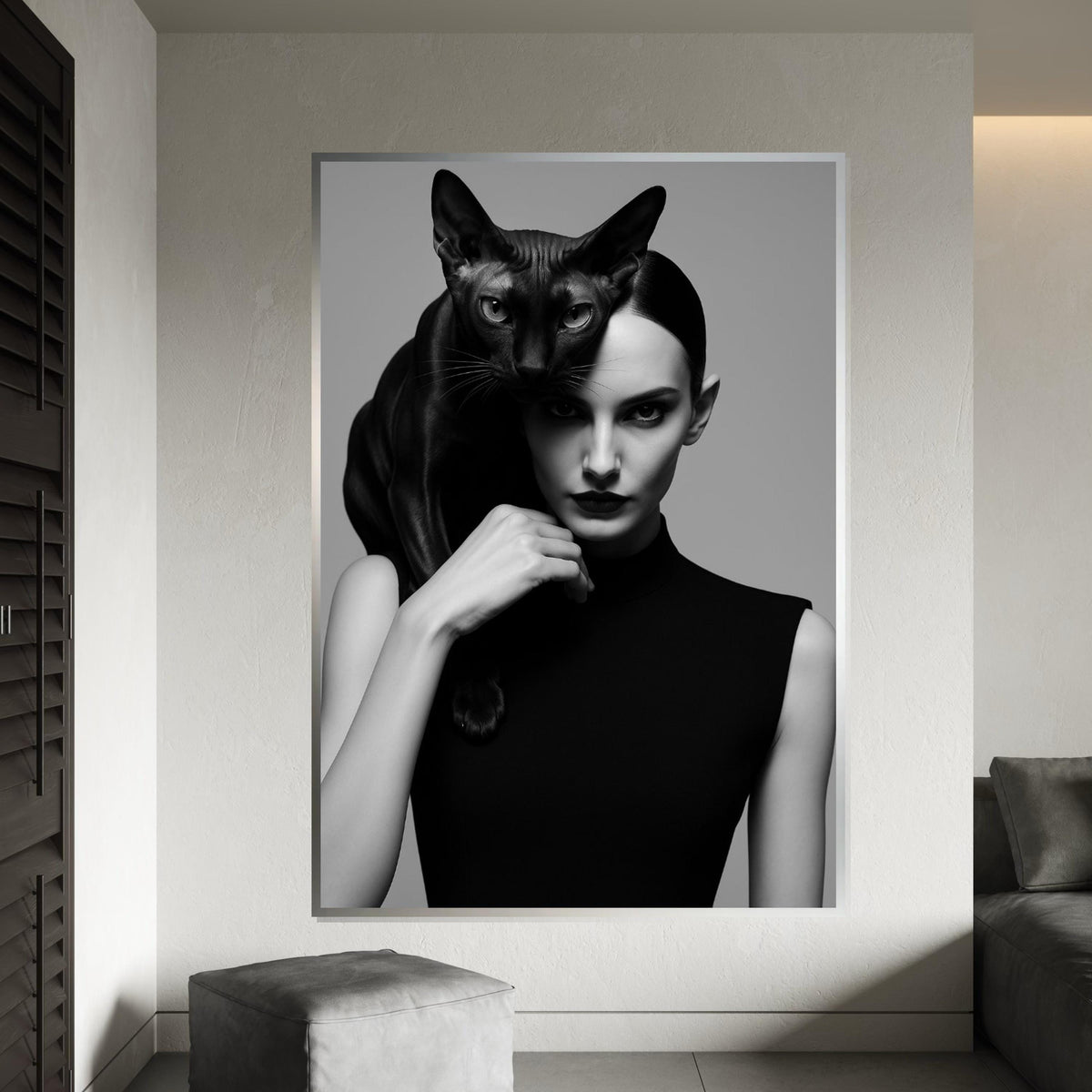 Elegant Cat Woman Canvas, Black Cat Art, Stylish Portrait, Wall Art Canvas Design, Ready To Hang Decoration