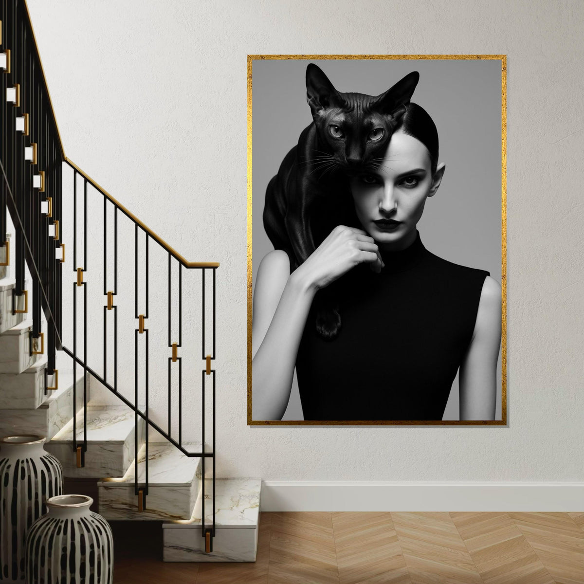 Elegant Cat Woman Canvas, Black Cat Art, Stylish Portrait, Wall Art Canvas Design, Ready To Hang Decoration