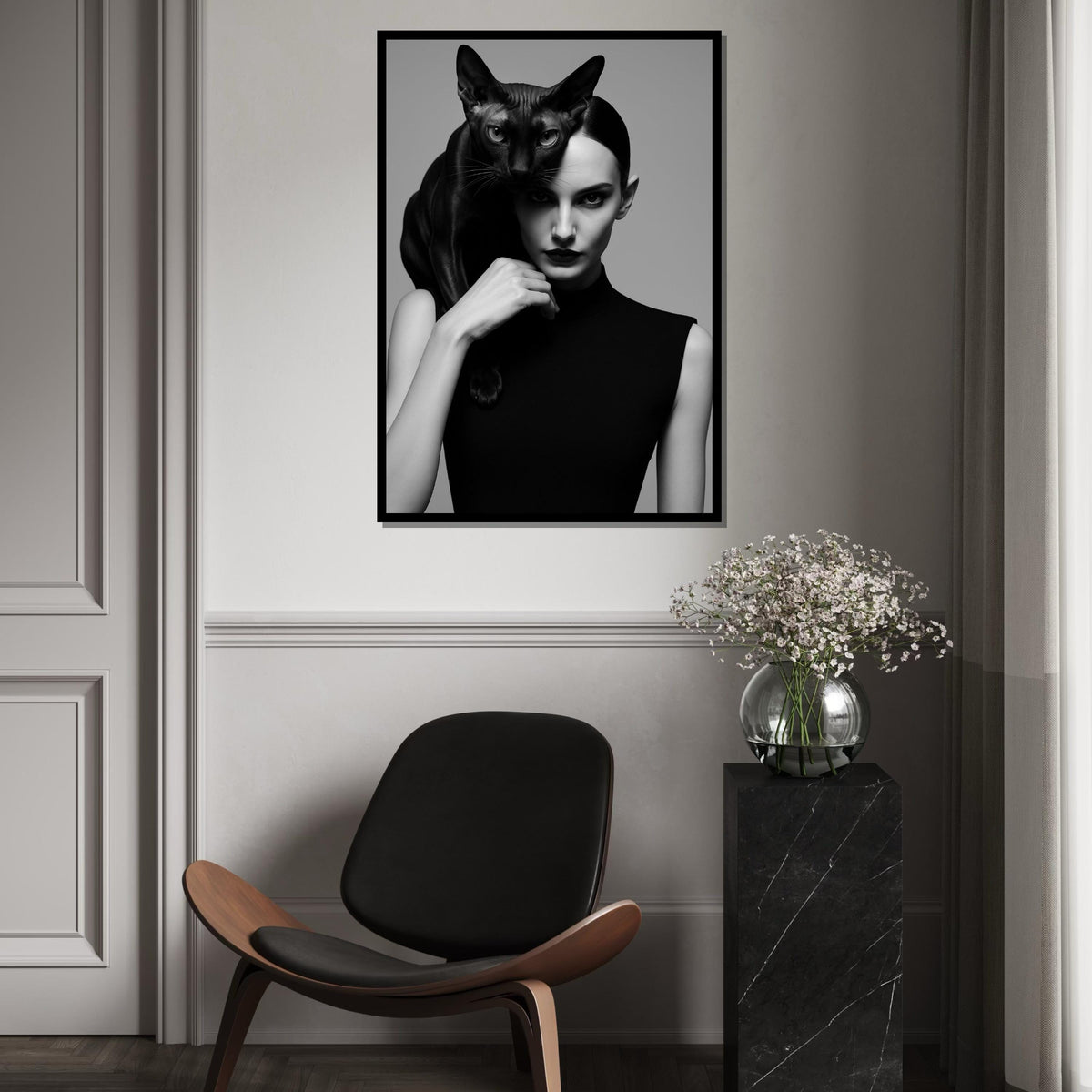 Elegant Cat Woman Canvas, Black Cat Art, Stylish Portrait, Wall Art Canvas Design, Ready To Hang Decoration