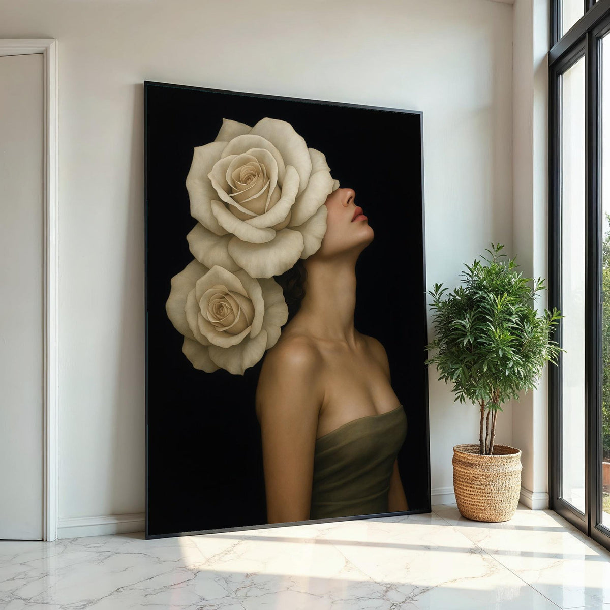 Rose Blooms Lady Canvas, Floral Headpiece Art, Elegant Woman Wall Art, Wall Art Canvas Design, Ready to Hang Decoration
