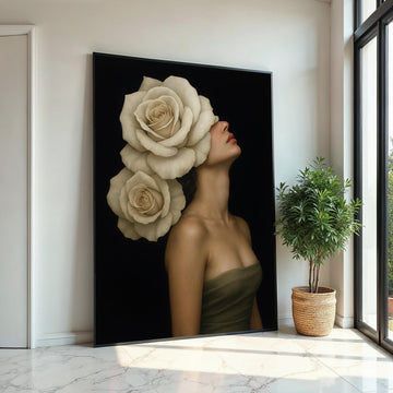 Rose Blooms Lady Canvas, Floral Headpiece Art, Elegant Woman Wall Art, Wall Art Canvas Design, Ready to Hang Decoration