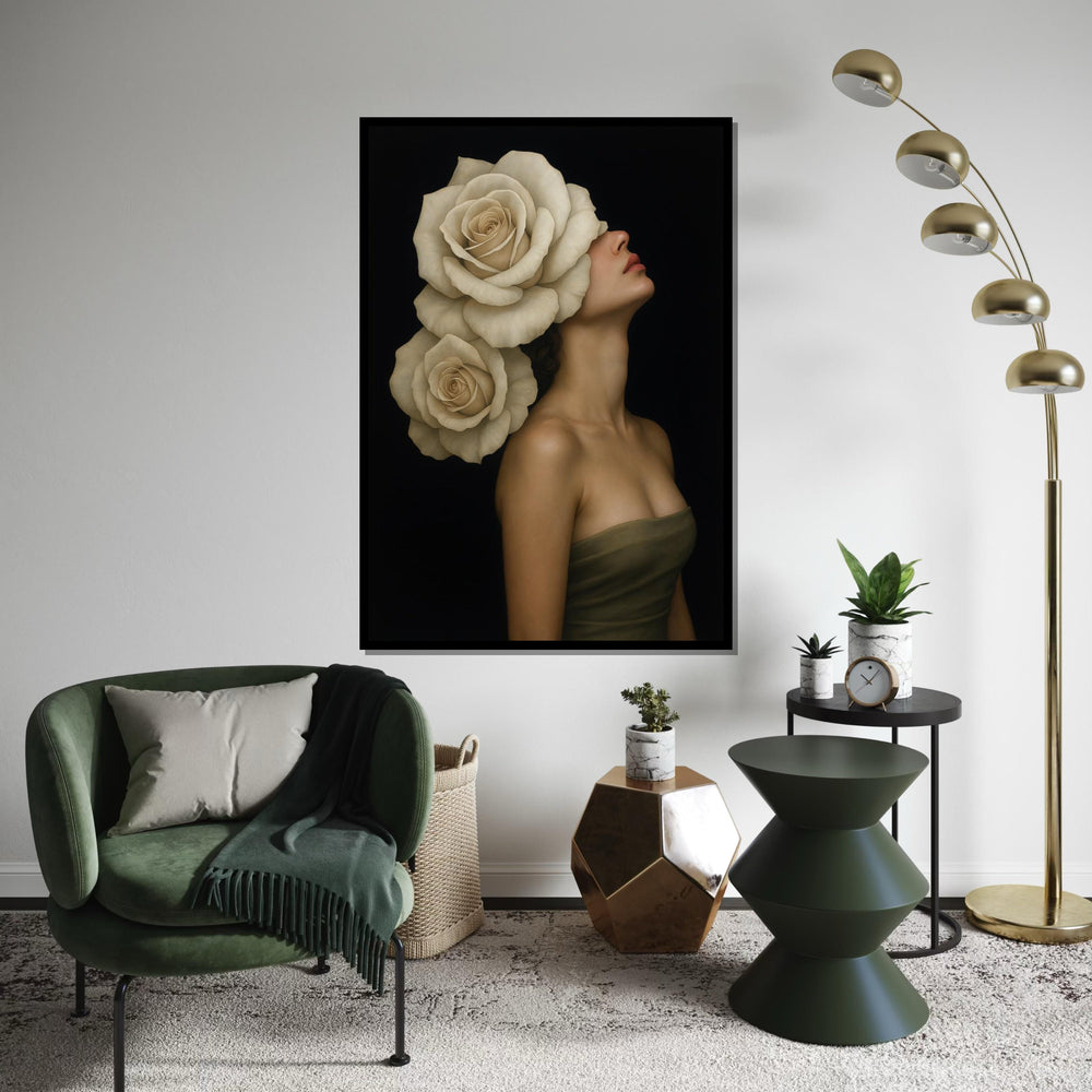 Rose Blooms Lady Canvas, Floral Headpiece Art, Elegant Woman Wall Art, Wall Art Canvas Design, Ready to Hang Decoration