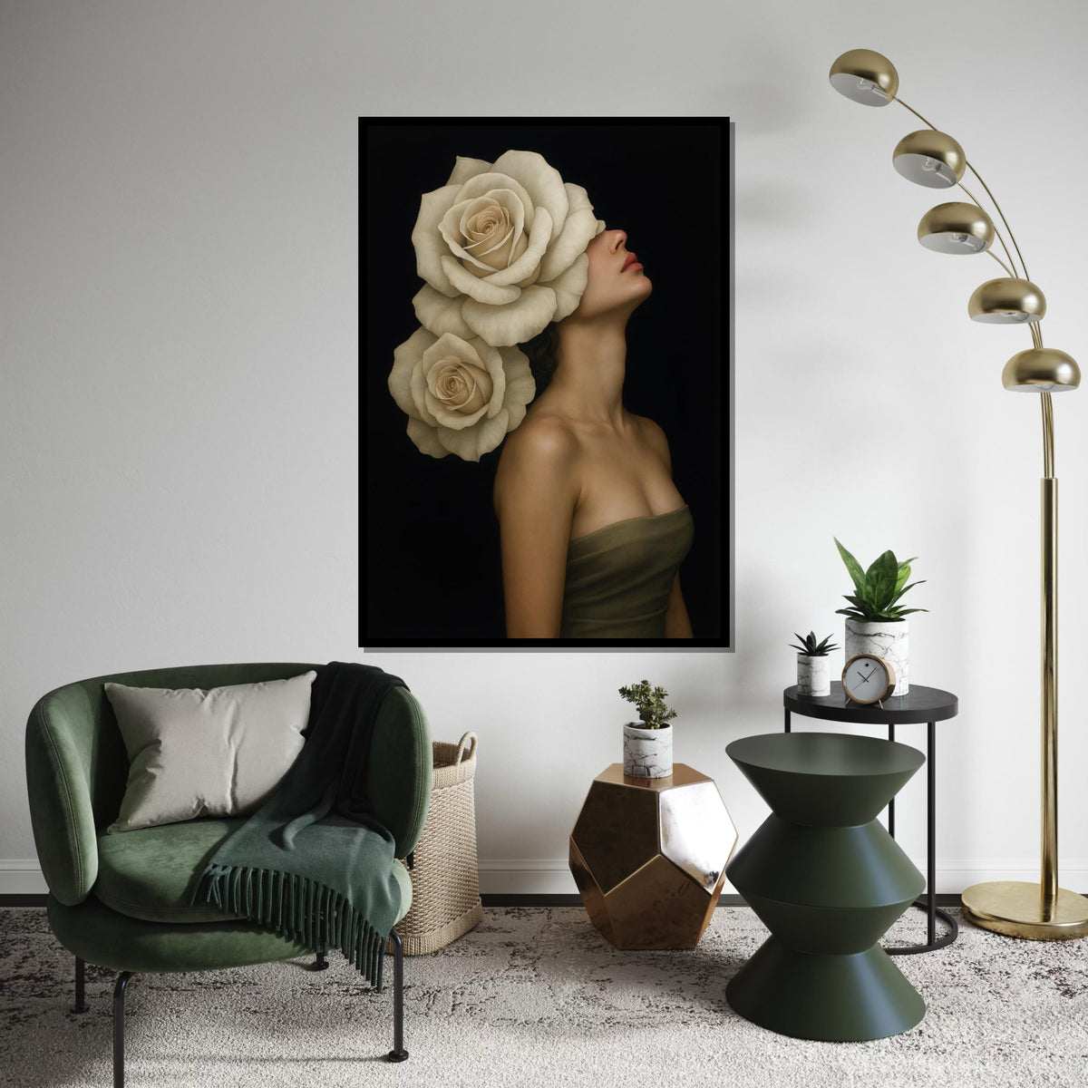 Rose Blooms Lady Canvas, Floral Headpiece Art, Elegant Woman Wall Art, Wall Art Canvas Design, Ready to Hang Decoration