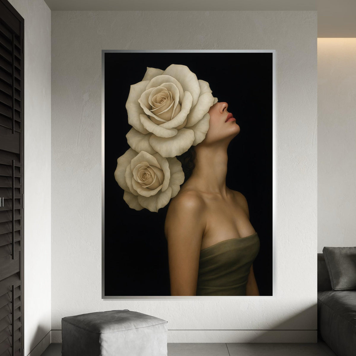 Rose Blooms Lady Canvas, Floral Headpiece Art, Elegant Woman Wall Art, Wall Art Canvas Design, Ready to Hang Decoration