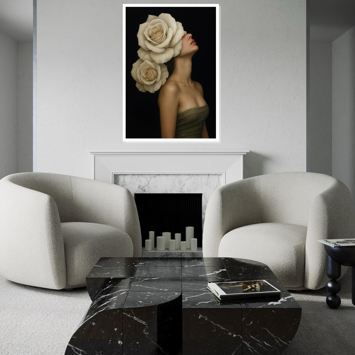 Rose Blooms Lady Canvas, Floral Headpiece Art, Elegant Woman Wall Art, Wall Art Canvas Design, Ready to Hang Decoration