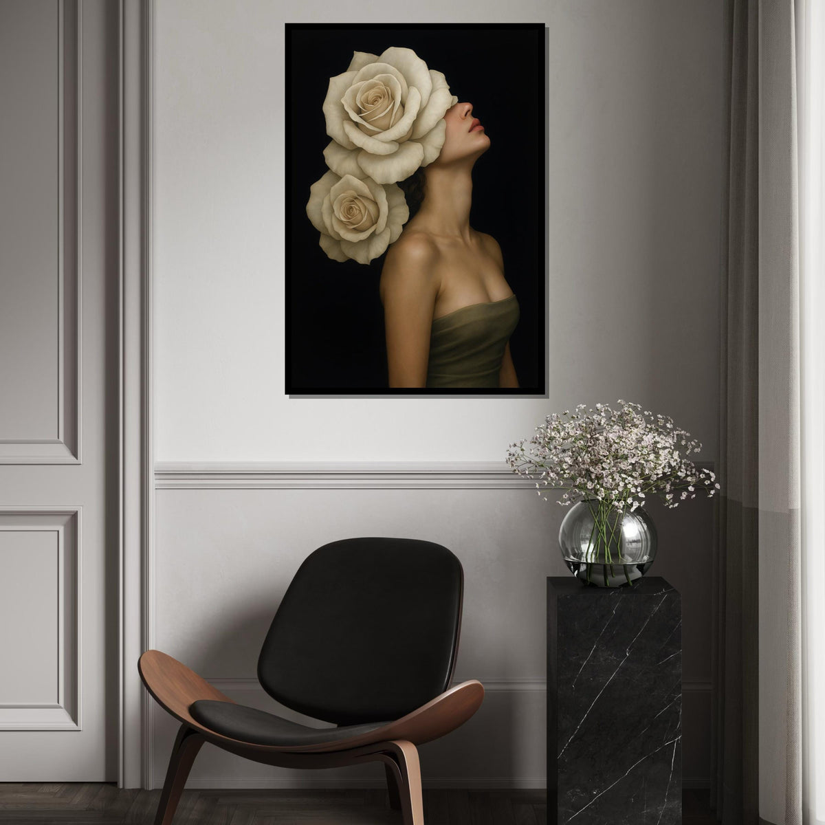 Rose Blooms Lady Canvas, Floral Headpiece Art, Elegant Woman Wall Art, Wall Art Canvas Design, Ready to Hang Decoration