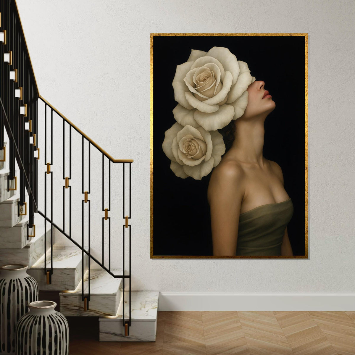 Rose Blooms Lady Canvas, Floral Headpiece Art, Elegant Woman Wall Art, Wall Art Canvas Design, Ready to Hang Decoration
