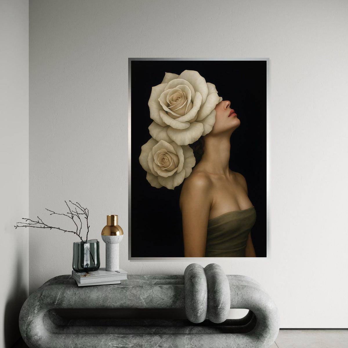 Rose Blooms Lady Canvas, Floral Headpiece Art, Elegant Woman Wall Art, Wall Art Canvas Design, Ready to Hang Decoration