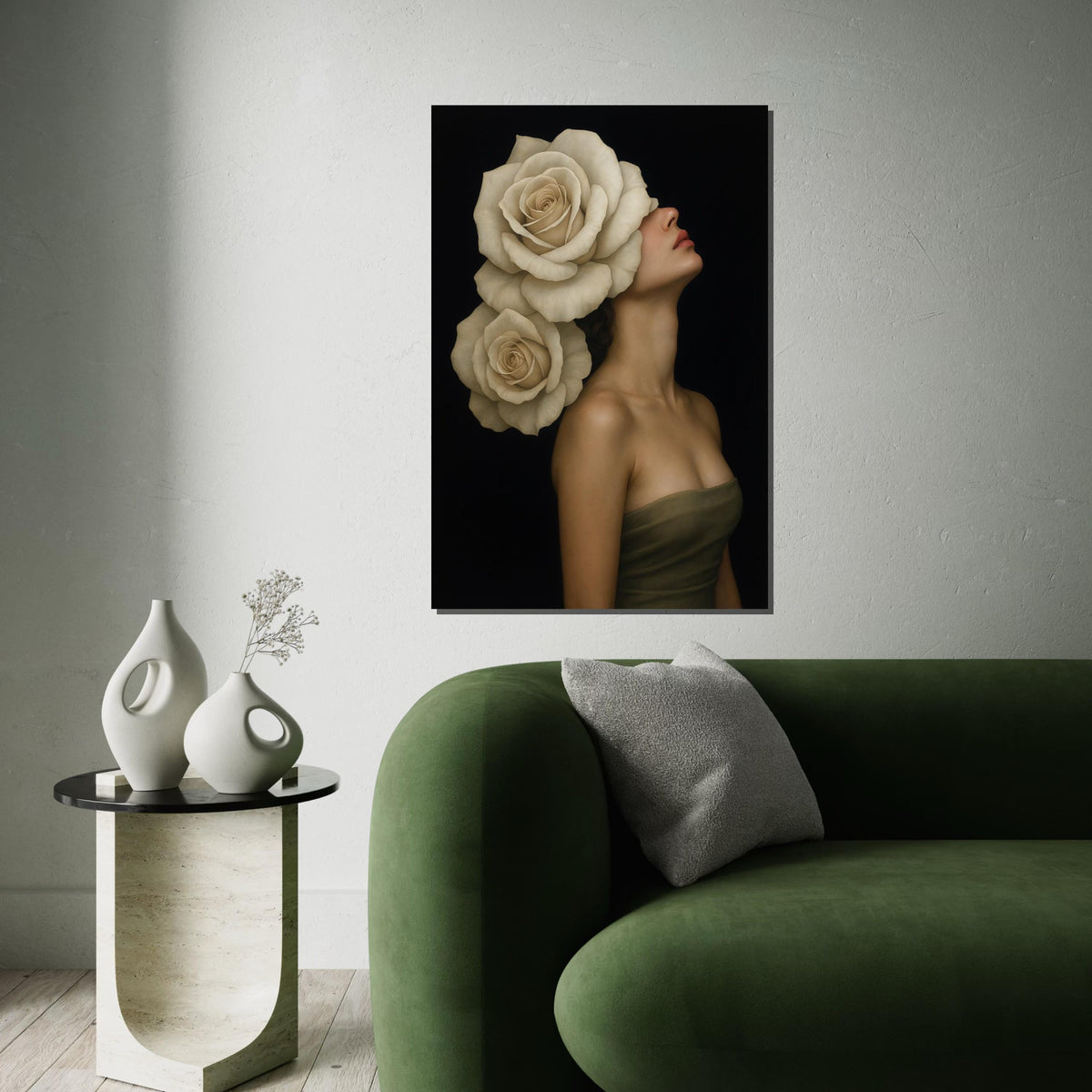 Rose Blooms Lady Canvas, Floral Headpiece Art, Elegant Woman Wall Art, Wall Art Canvas Design, Ready to Hang Decoration
