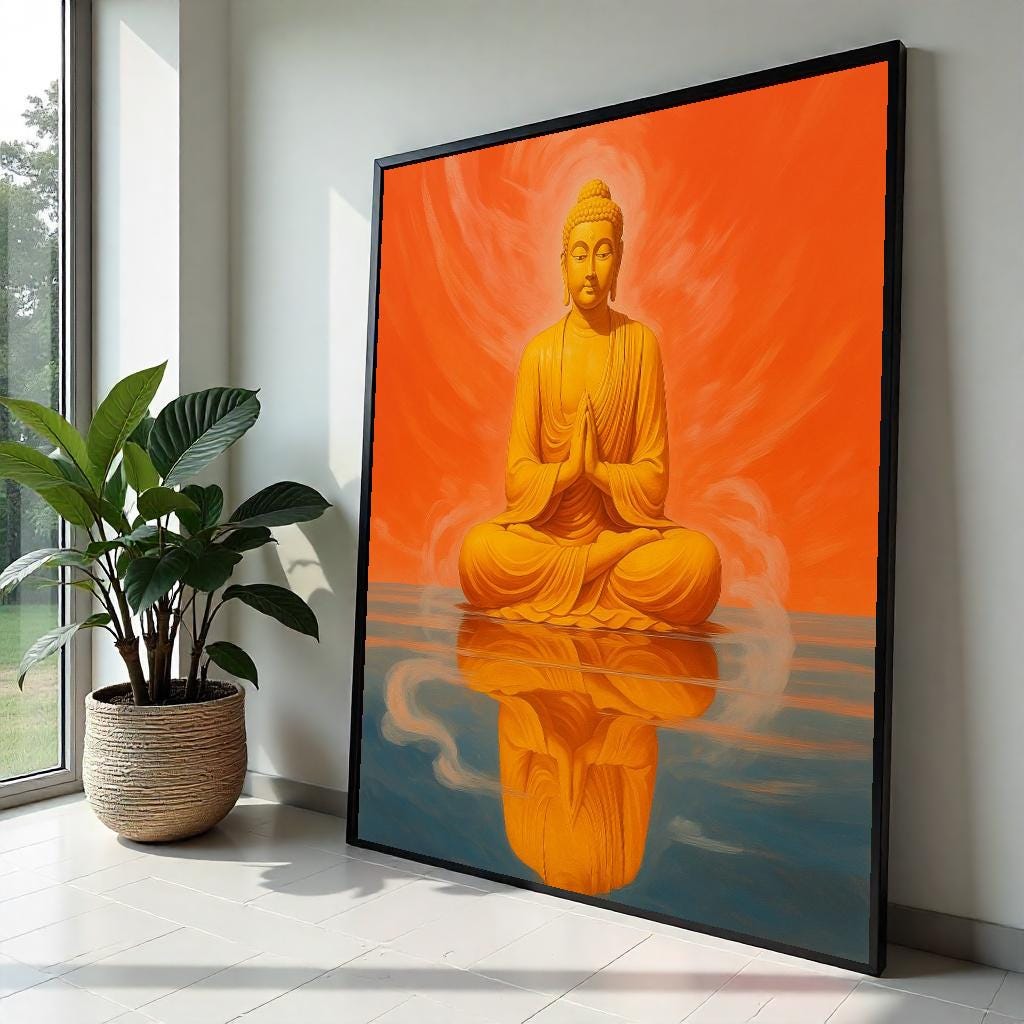 Buddha Canvas Wall Art, Meditation Poster, Orange Buddha Reflection, Spiritual Decor, Wall Art Canvas Design, Ready to Hang Decoration