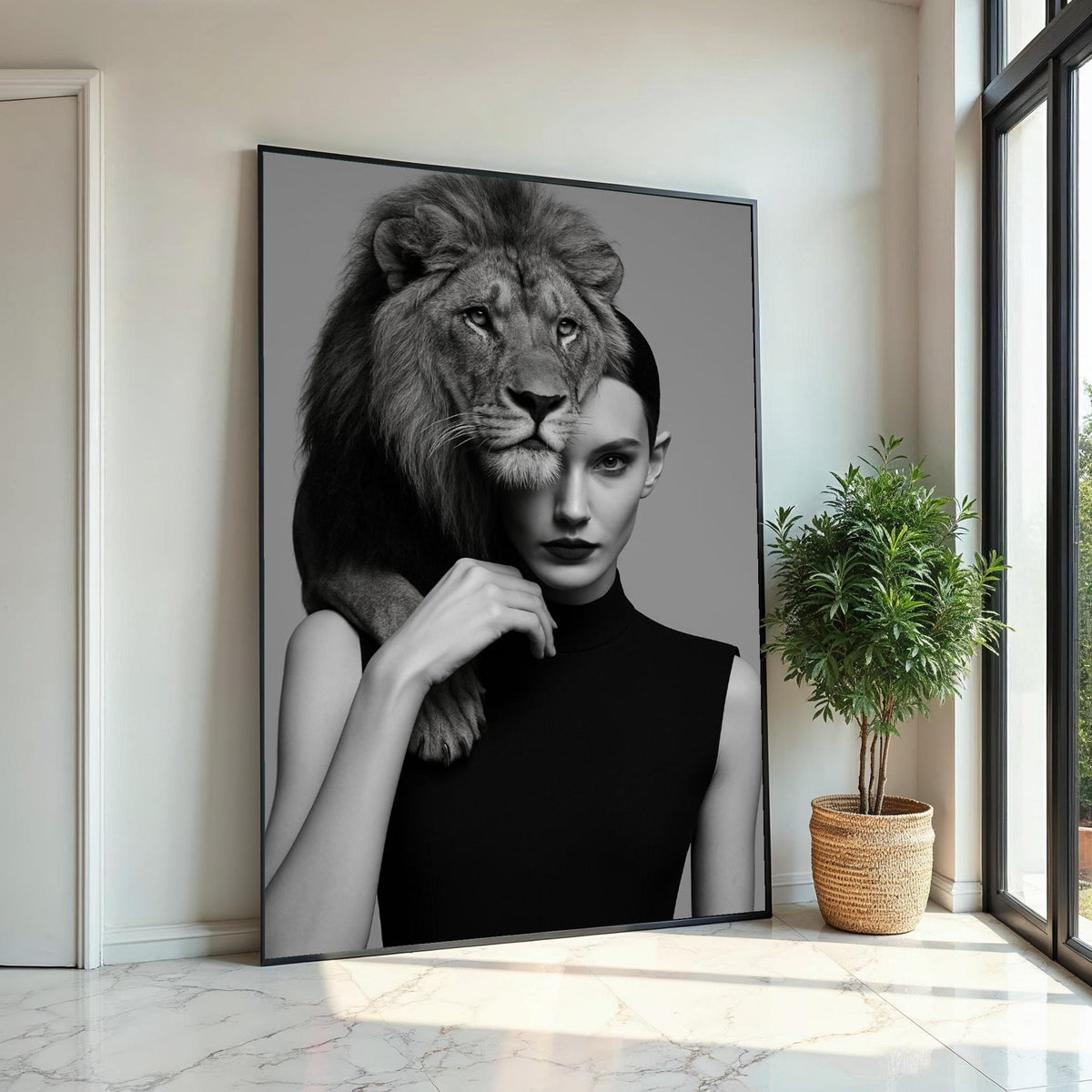 Lion Woman Fusion, Elegant Lion Canvas, Animal Wall Art, Lion and Human Portrait, Wall Art Canvas Design, Ready to Hang Decoration