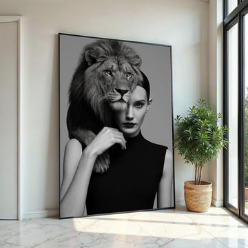 Lion Woman Fusion, Elegant Lion Canvas, Animal Wall Art, Lion and Human Portrait, Wall Art Canvas Design, Ready to Hang Decoration