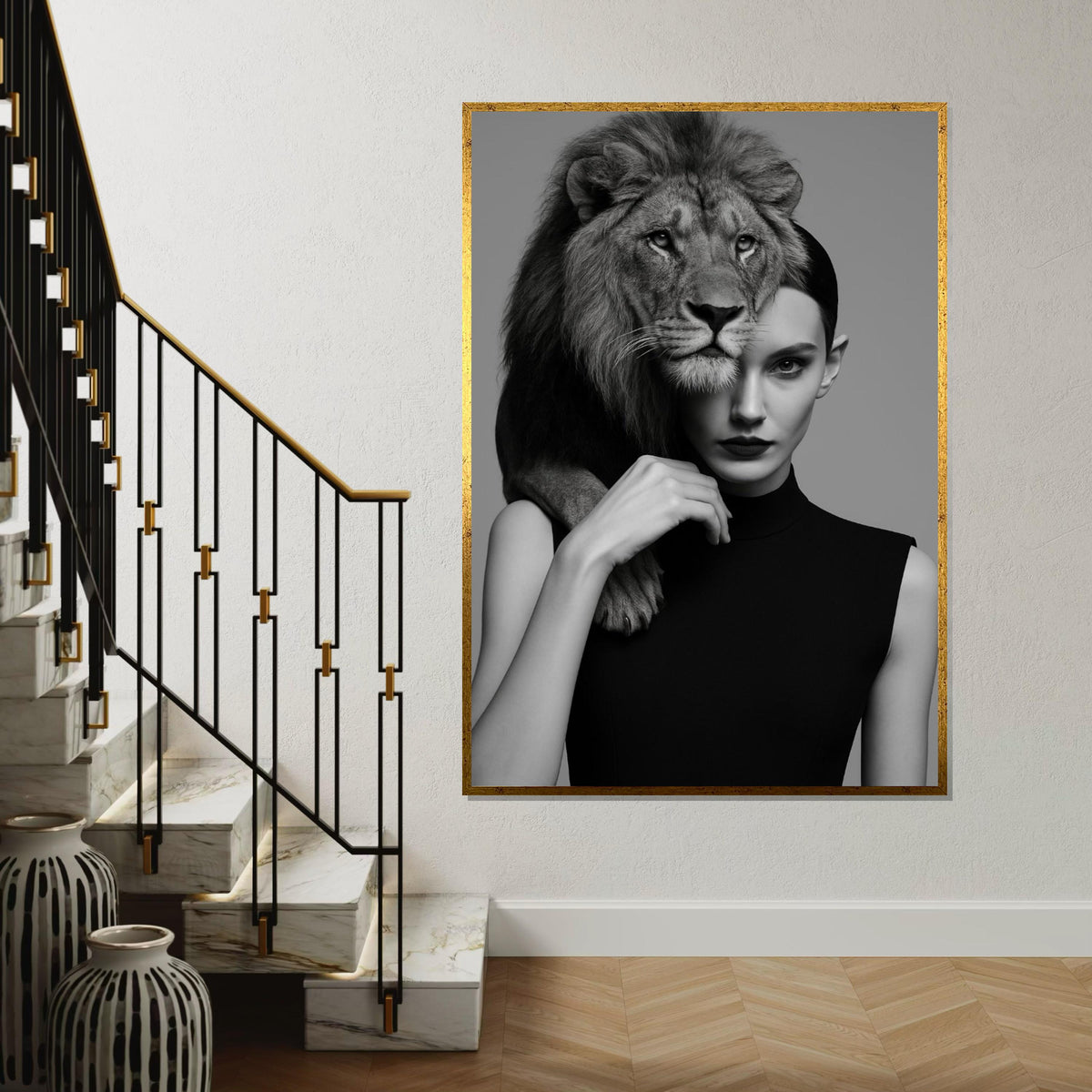 Lion Woman Fusion, Elegant Lion Canvas, Animal Wall Art, Lion and Human Portrait, Wall Art Canvas Design, Ready to Hang Decoration