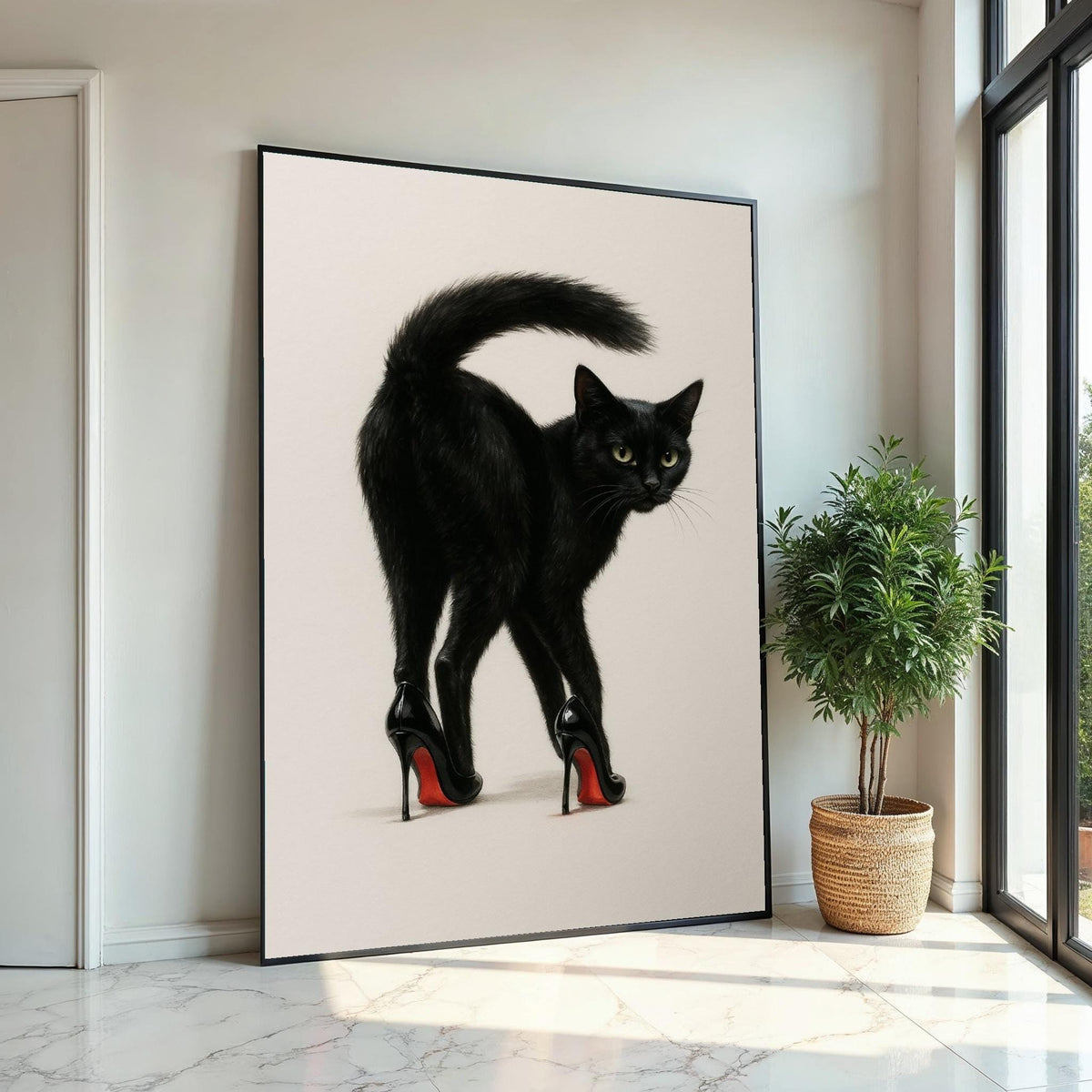 Black Cat Heels Canvas Art, Cat in High Heels, Quirky Cat Wall Print, Animal Canvas Design, Ready to Hang, Unique Home Decoration