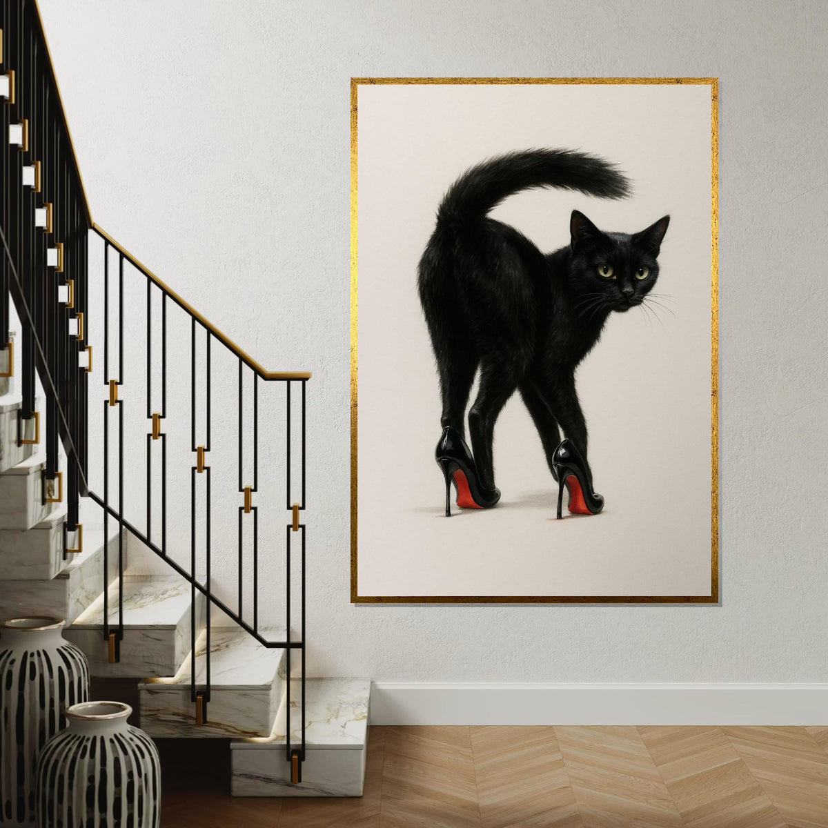 Black Cat Heels Canvas Art, Cat in High Heels, Quirky Cat Wall Print, Animal Canvas Design, Ready to Hang, Unique Home Decoration