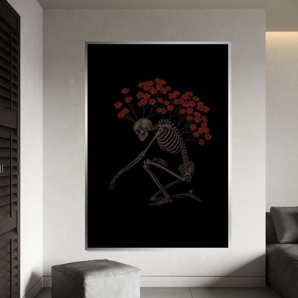 Skeleton Blooms Canvas Art, Skeleton with Red Flowers, Gothic Wall Art, Artistic Canvas Design, Ready to Hang Decoration