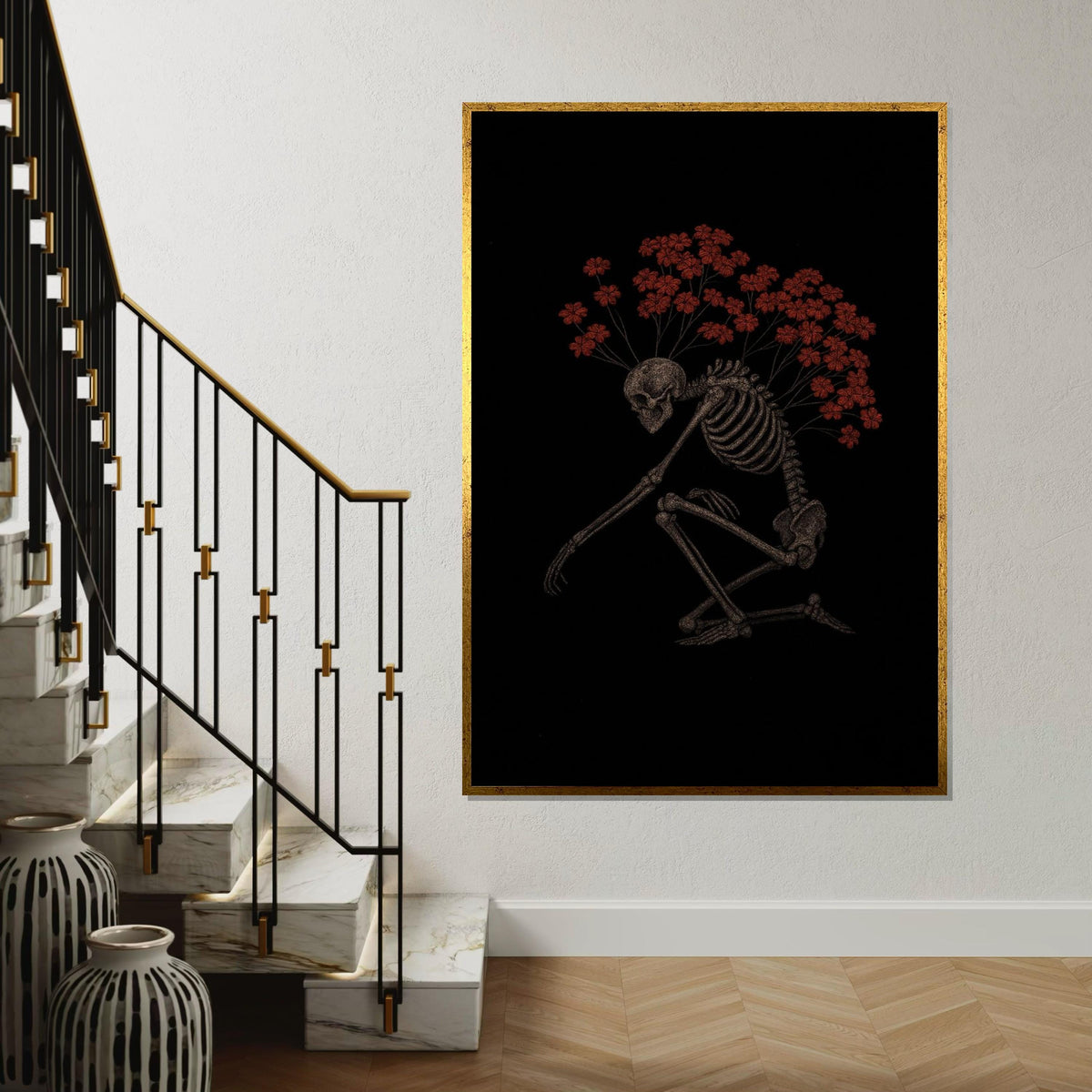 Skeleton Blooms Canvas Art, Skeleton with Red Flowers, Gothic Wall Art, Artistic Canvas Design, Ready to Hang Decoration