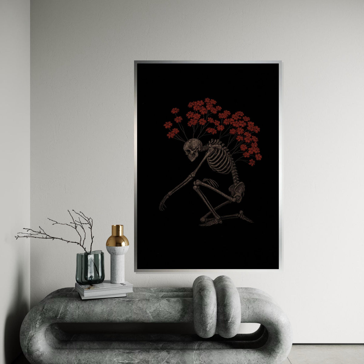 Skeleton Blooms Canvas Art, Skeleton with Red Flowers, Gothic Wall Art, Artistic Canvas Design, Ready to Hang Decoration