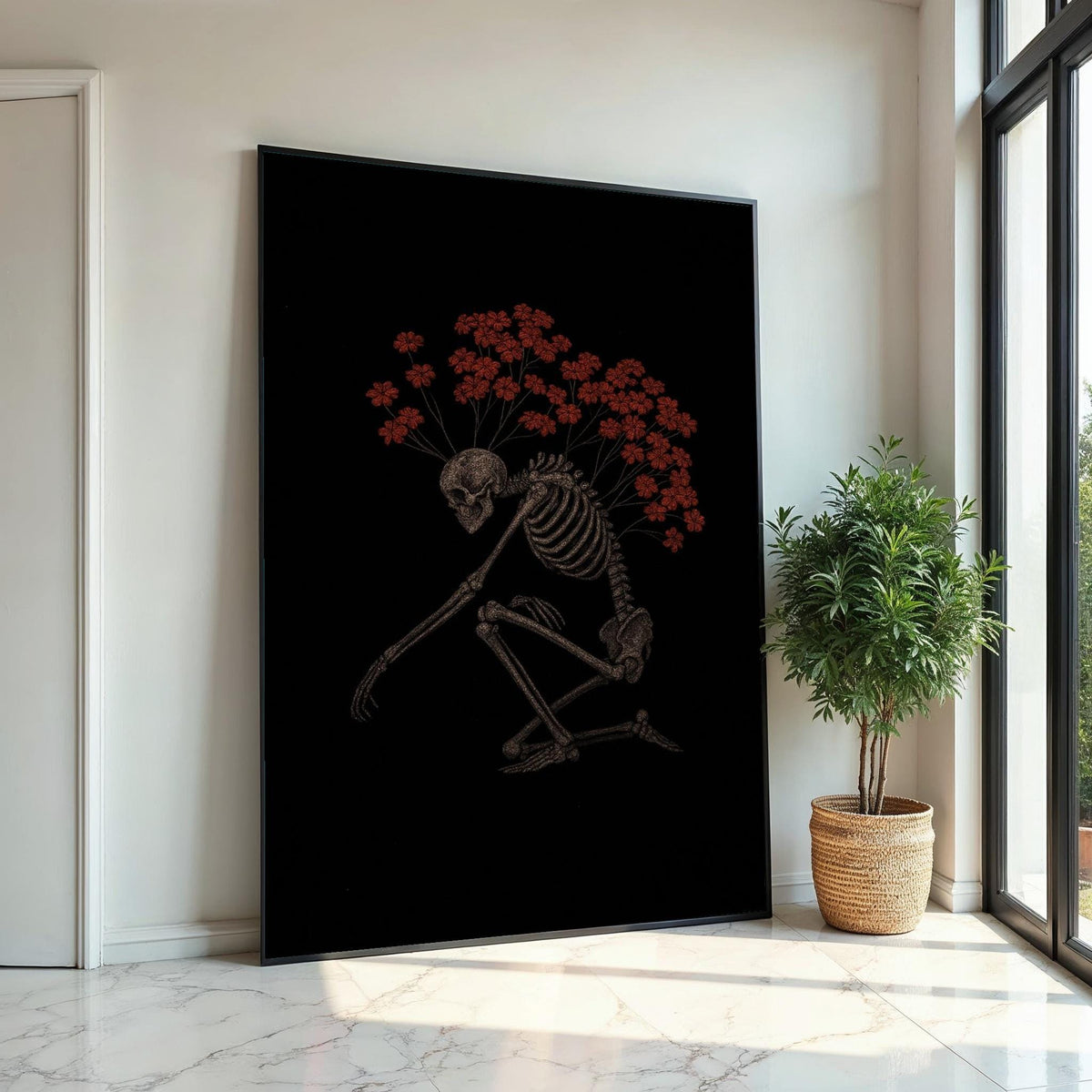 Skeleton Blooms Canvas Art, Skeleton with Red Flowers, Gothic Wall Art, Artistic Canvas Design, Ready to Hang Decoration