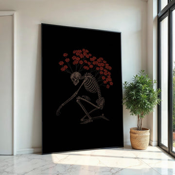 Skeleton Blooms Canvas Art, Skeleton with Red Flowers, Gothic Wall Art, Artistic Canvas Design, Ready to Hang Decoration
