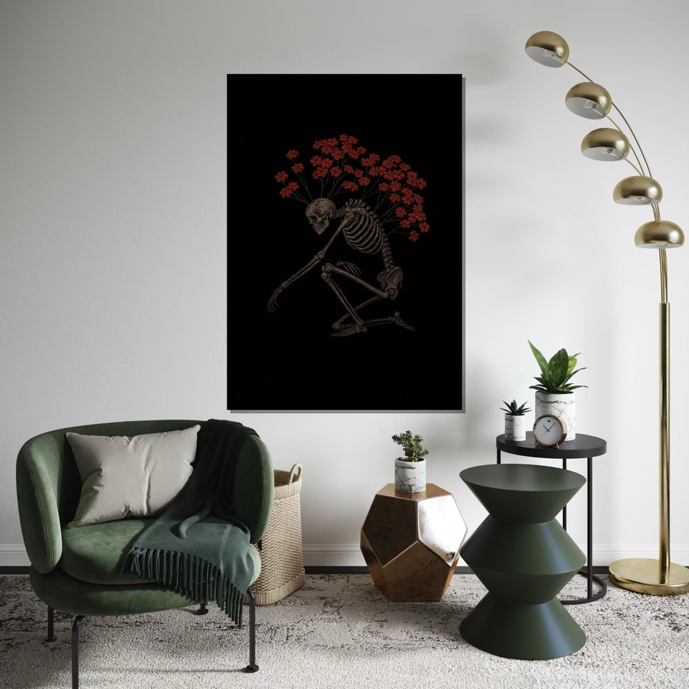 Skeleton Blooms Canvas Art, Skeleton with Red Flowers, Gothic Wall Art, Artistic Canvas Design, Ready to Hang Decoration