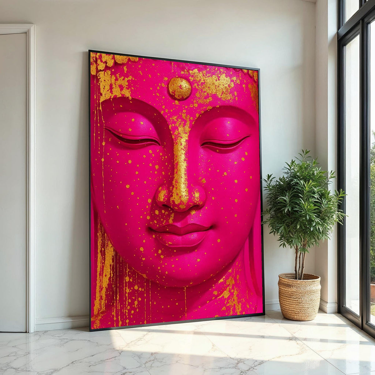 Golden Splatter Buddha, Pink Buddha Canvas Art, Zen Wall Art, Buddha Decor, Spiritual Canvas Design, Ready to Hang Artwork