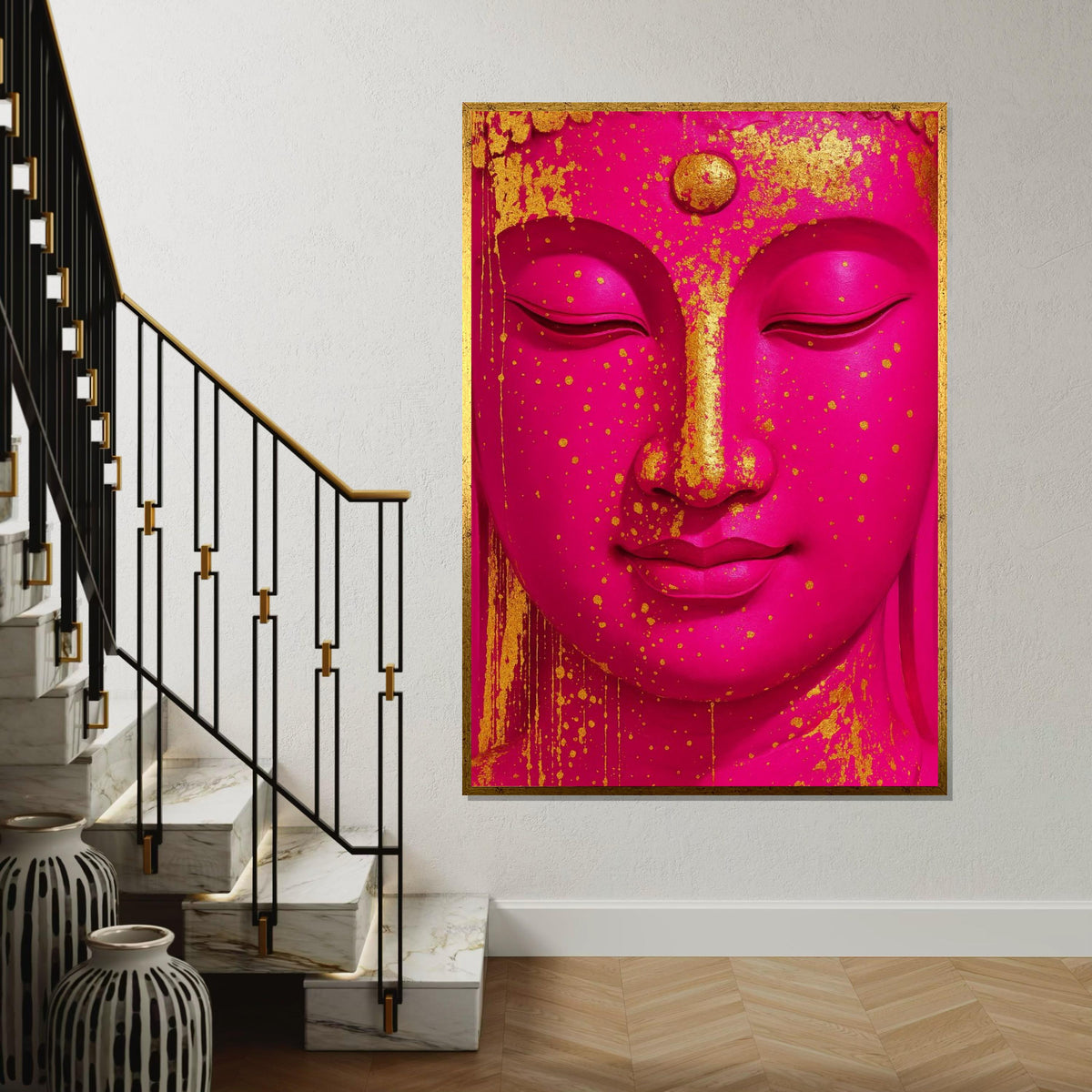 Golden Splatter Buddha, Pink Buddha Canvas Art, Zen Wall Art, Buddha Decor, Spiritual Canvas Design, Ready to Hang Artwork