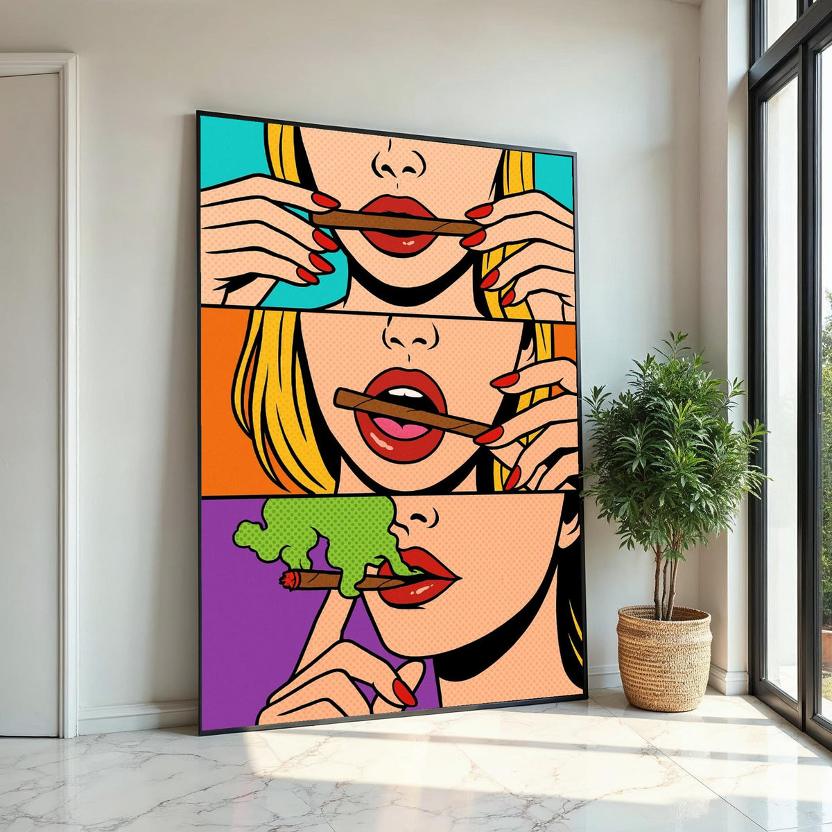 Pop Art Lips Canvas, Smoking Woman Art, Colorful Lips Wall Art, Pop Art Style Canvas, Wall Art Canvas Design, Ready To Hang Decoration