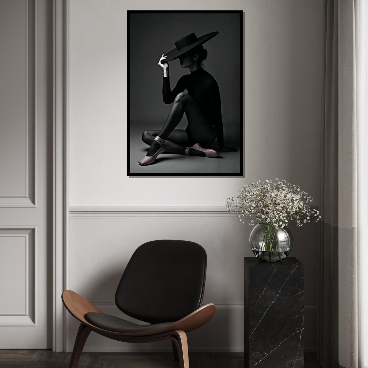 Elegant Silhouette Canvas, Woman in Hat Art, Black and White Wall Print, Minimalist Decor, Wall Art Canvas Design, Ready to Hang