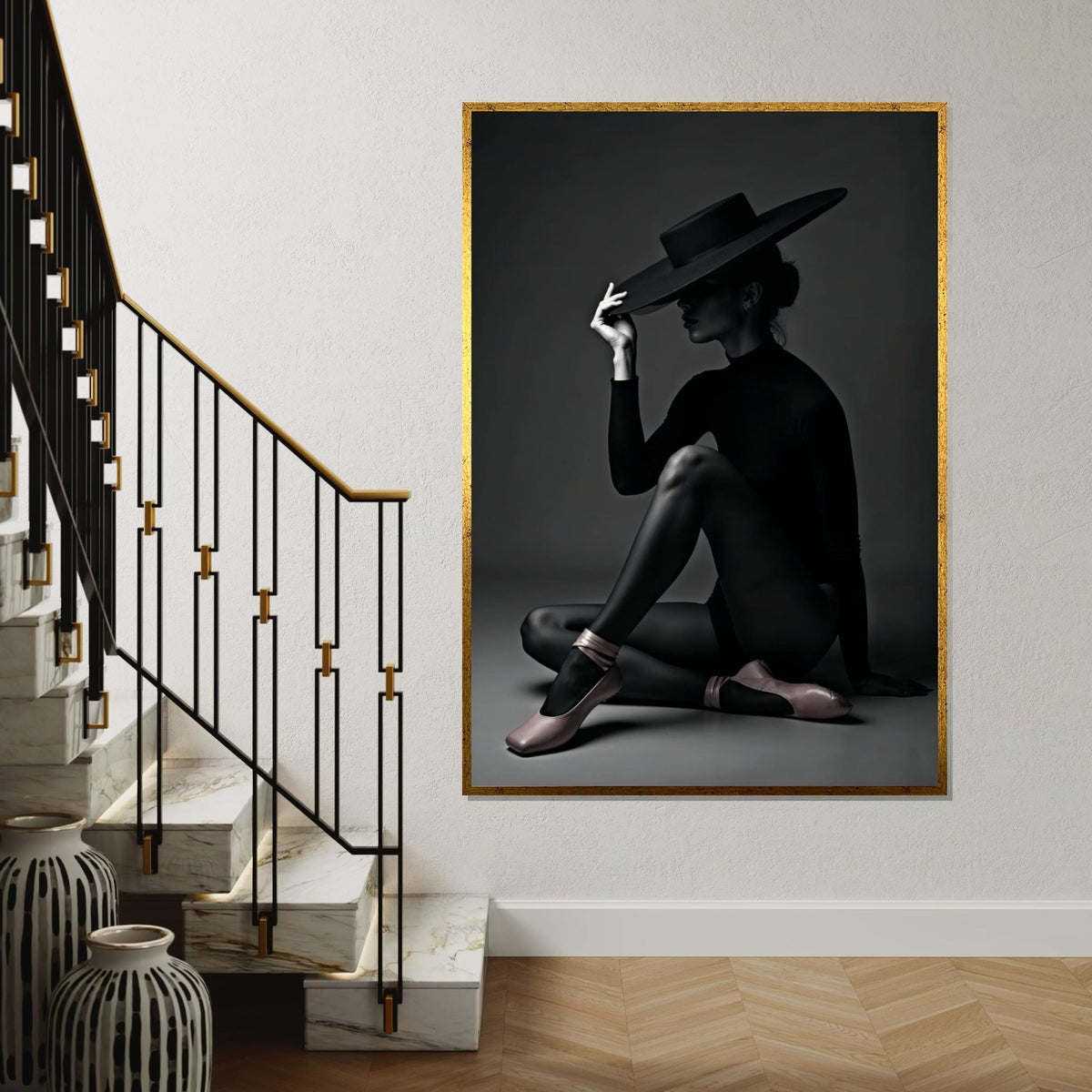 Elegant Silhouette Canvas, Woman in Hat Art, Black and White Wall Print, Minimalist Decor, Wall Art Canvas Design, Ready to Hang