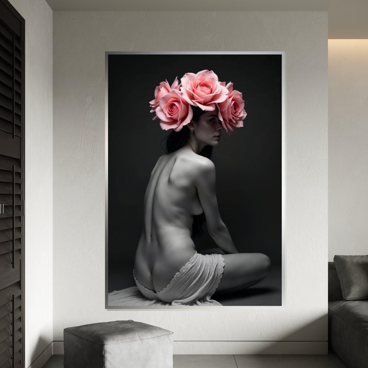 Floral Elegance Canvas, Woman with Roses Art, Nude Flower Wall Art, Canvas Design, Ready to Hang Decoration
