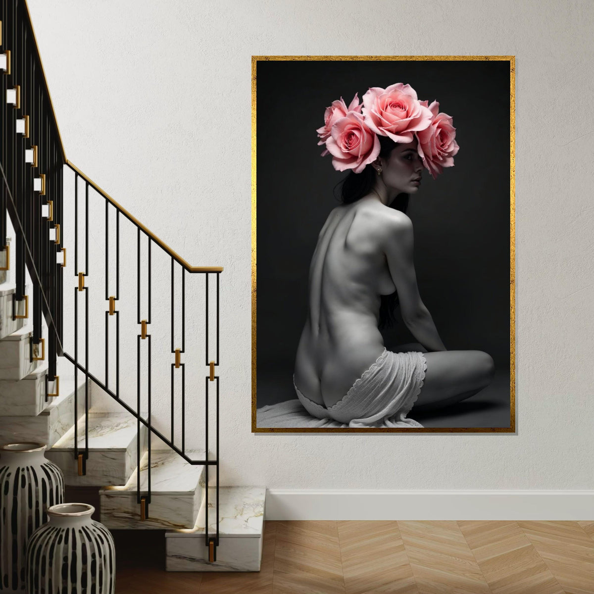 Floral Elegance Canvas, Woman with Roses Art, Nude Flower Wall Art, Canvas Design, Ready to Hang Decoration