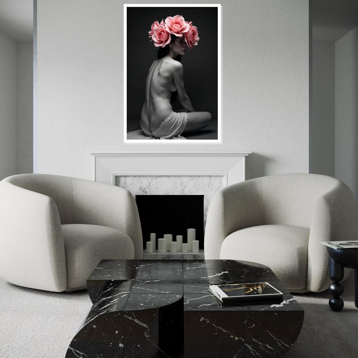 Floral Elegance Canvas, Woman with Roses Art, Nude Flower Wall Art, Canvas Design, Ready to Hang Decoration