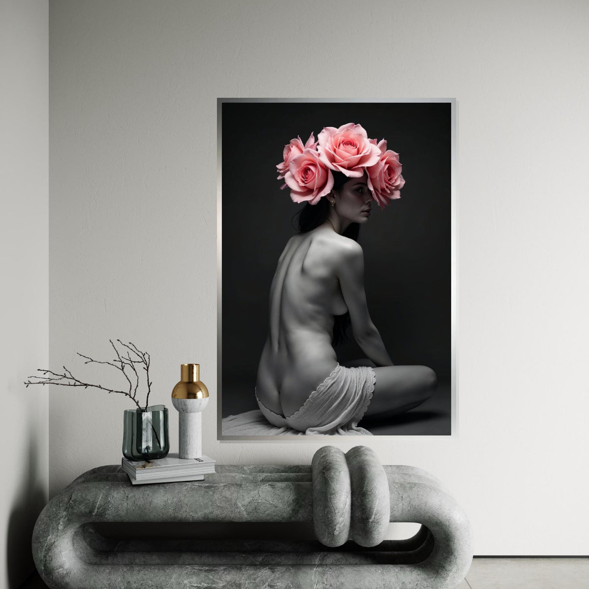Floral Elegance Canvas, Woman with Roses Art, Nude Flower Wall Art, Canvas Design, Ready to Hang Decoration