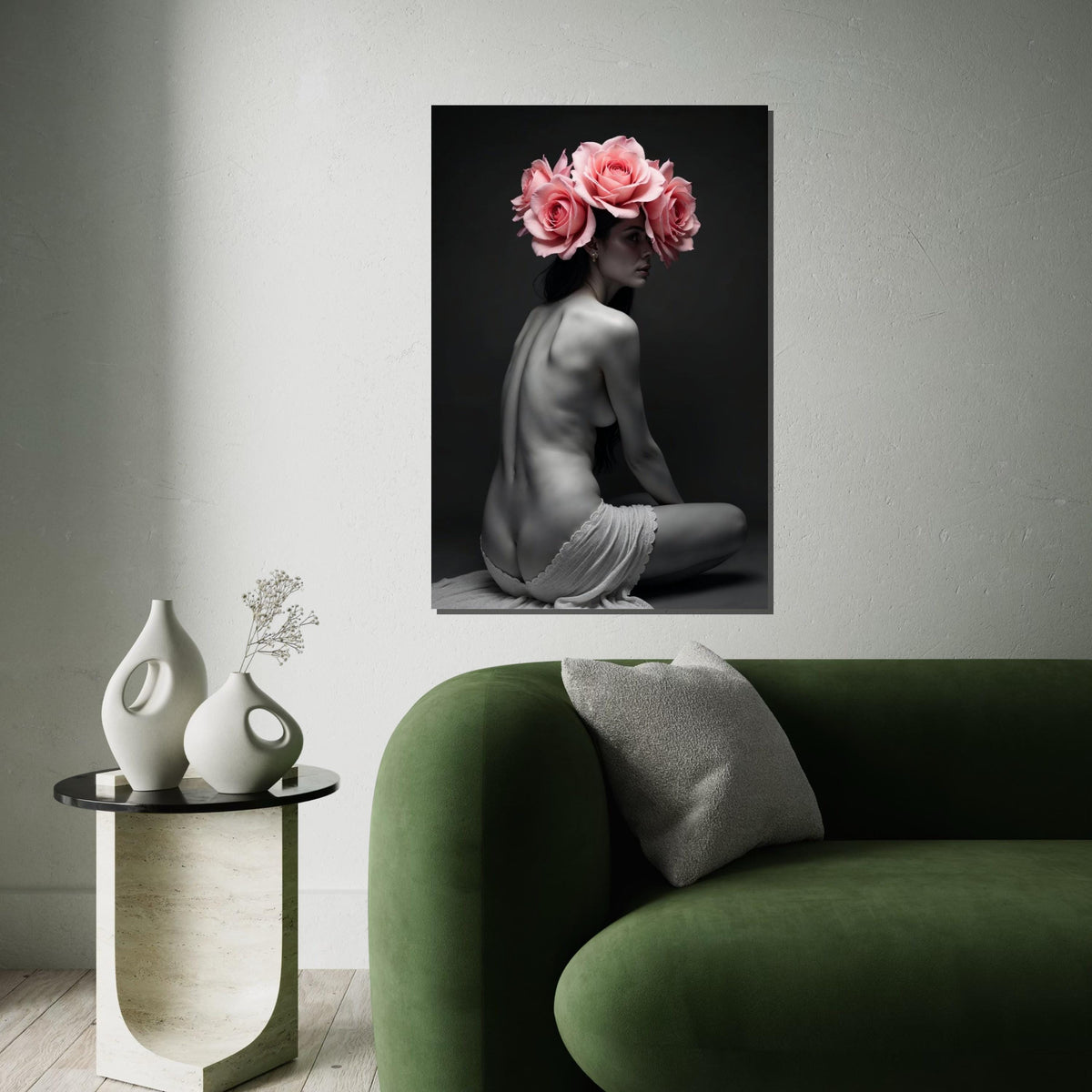 Floral Elegance Canvas, Woman with Roses Art, Nude Flower Wall Art, Canvas Design, Ready to Hang Decoration