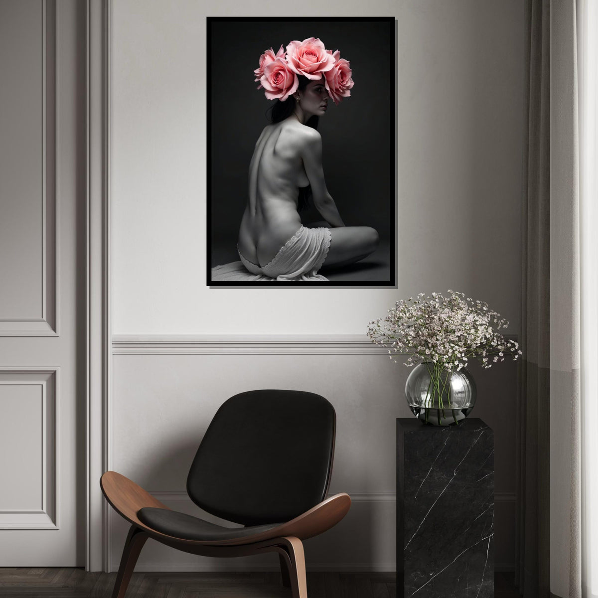 Floral Elegance Canvas, Woman with Roses Art, Nude Flower Wall Art, Canvas Design, Ready to Hang Decoration