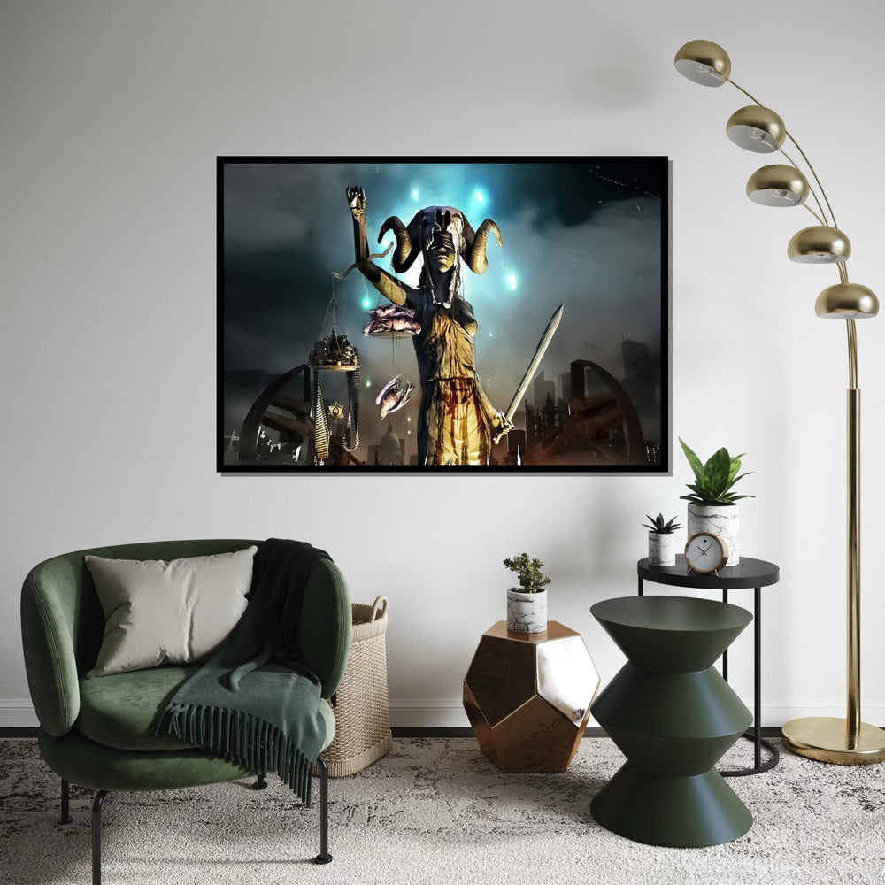 Surreal Justice Canvas, Lady Justice in Dark Fantasy, Horned Justice Wall Art, Sword and Scales Poster, Wall Art Canvas Design, Ready to