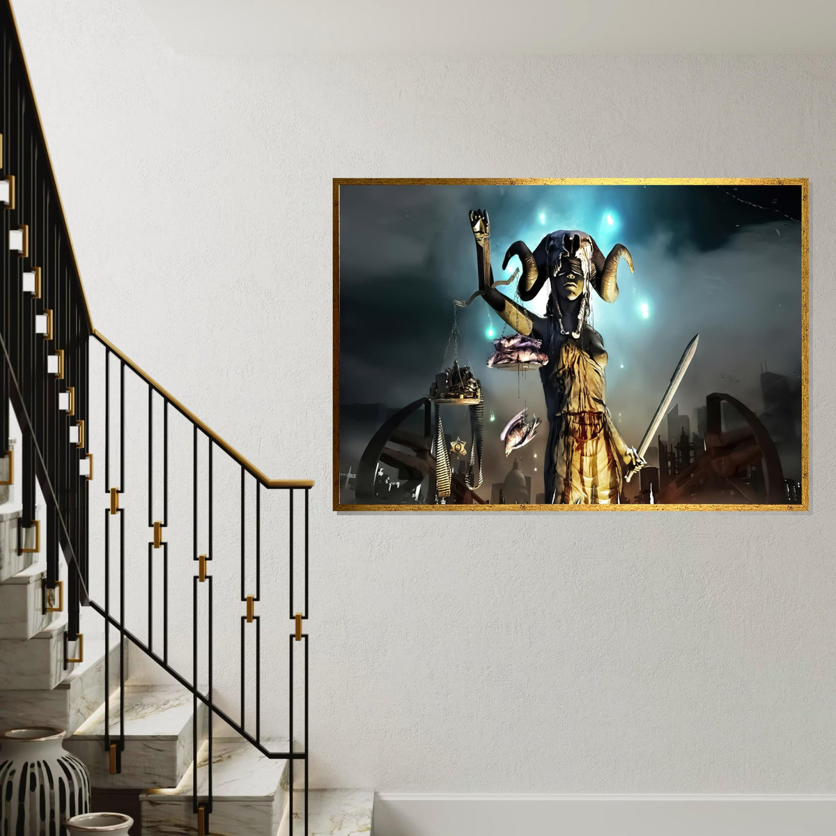 Surreal Justice Canvas, Lady Justice in Dark Fantasy, Horned Justice Wall Art, Sword and Scales Poster, Wall Art Canvas Design, Ready to