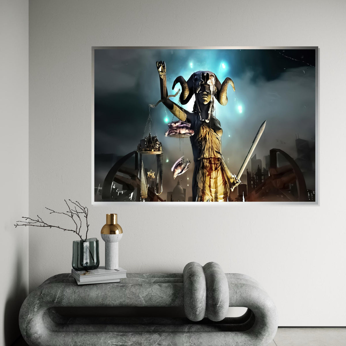 Surreal Justice Canvas, Lady Justice in Dark Fantasy, Horned Justice Wall Art, Sword and Scales Poster, Wall Art Canvas Design, Ready to