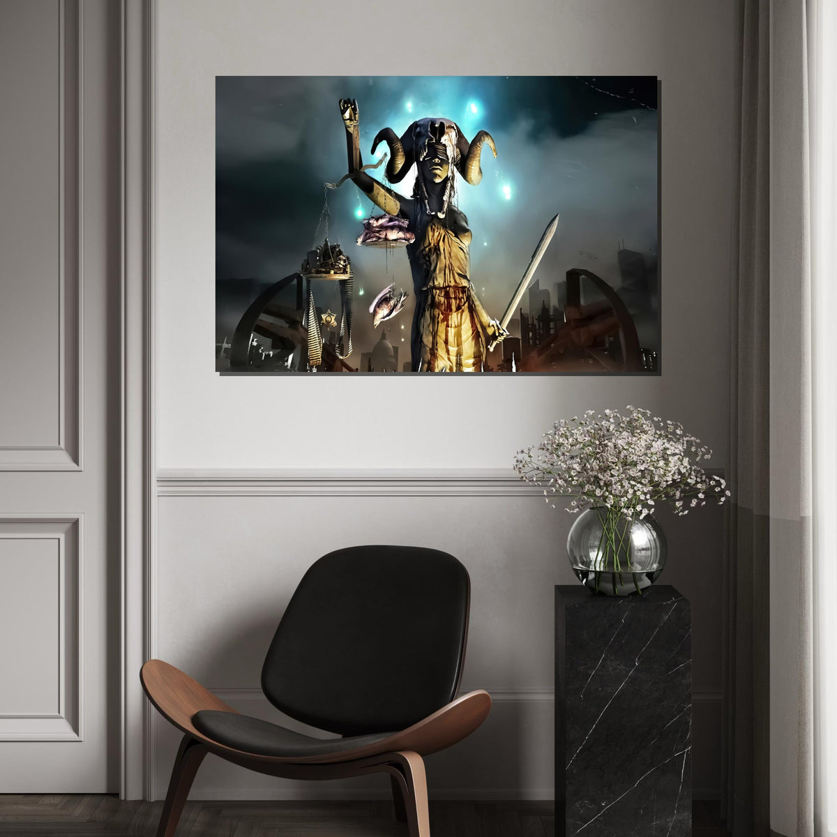 Surreal Justice Canvas, Lady Justice in Dark Fantasy, Horned Justice Wall Art, Sword and Scales Poster, Wall Art Canvas Design, Ready to