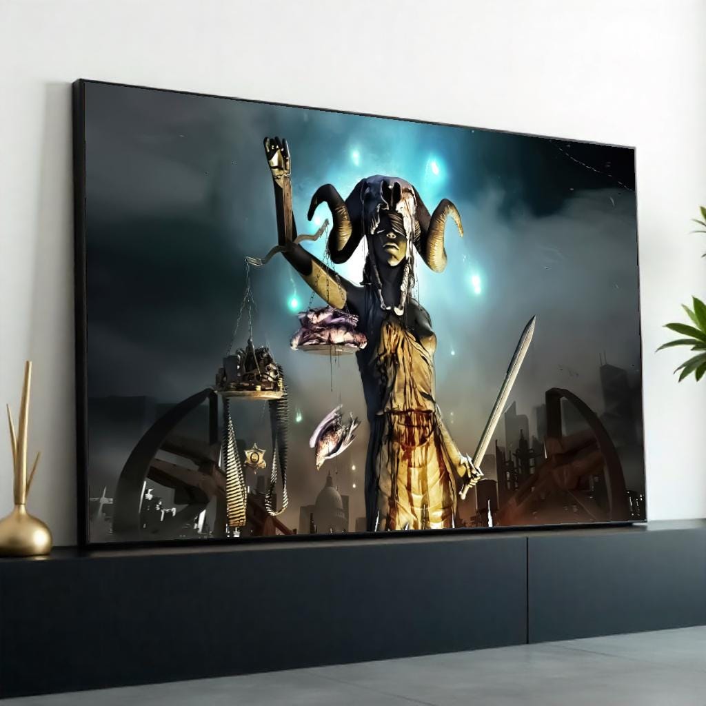 Surreal Justice Canvas, Lady Justice in Dark Fantasy, Horned Justice Wall Art, Sword and Scales Poster, Wall Art Canvas Design, Ready to