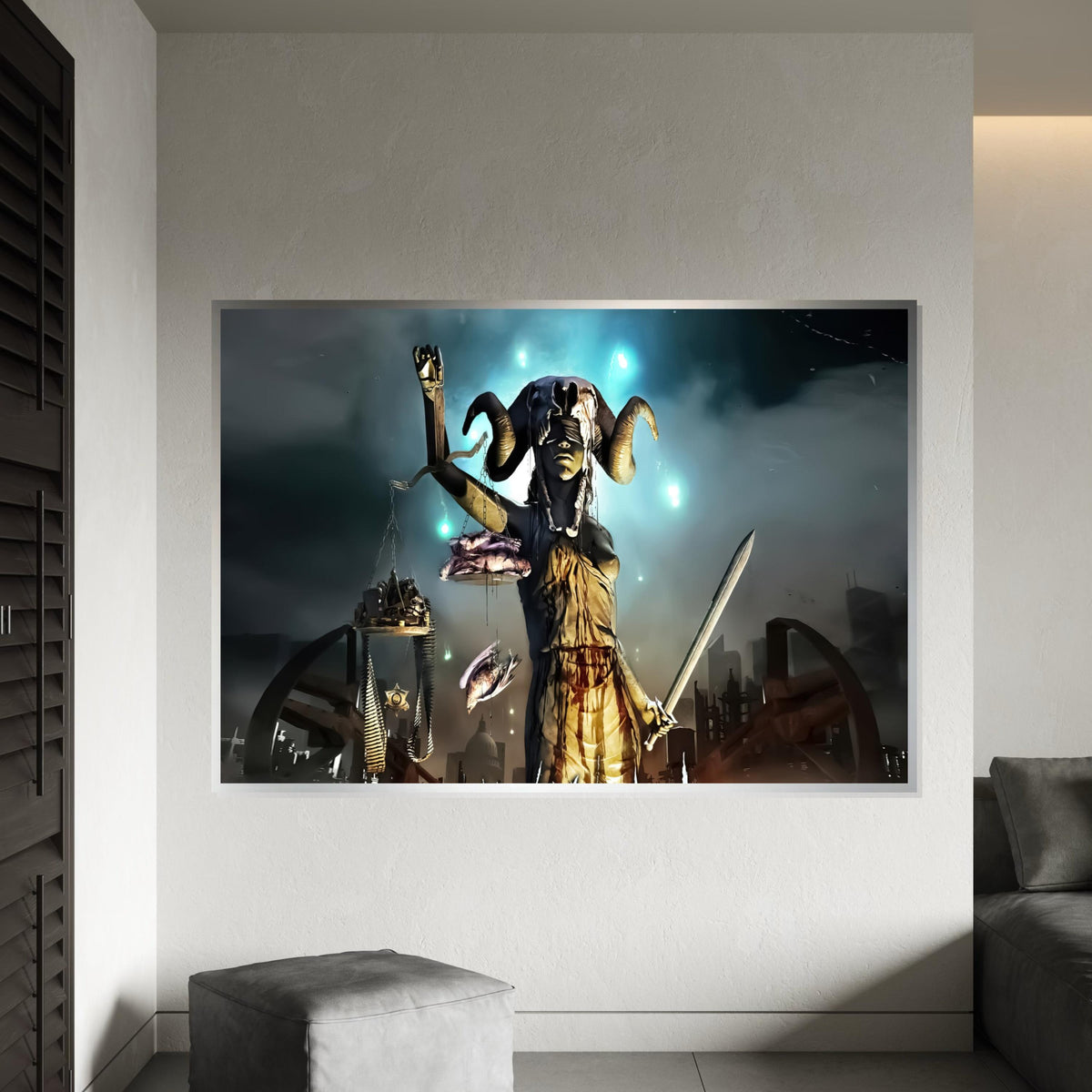 Surreal Justice Canvas, Lady Justice in Dark Fantasy, Horned Justice Wall Art, Sword and Scales Poster, Wall Art Canvas Design, Ready to